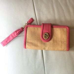 Coach wristlet, pink leather and woven straw style